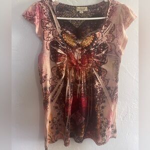 ONE WORLD Pink and Brown Butterfly Top